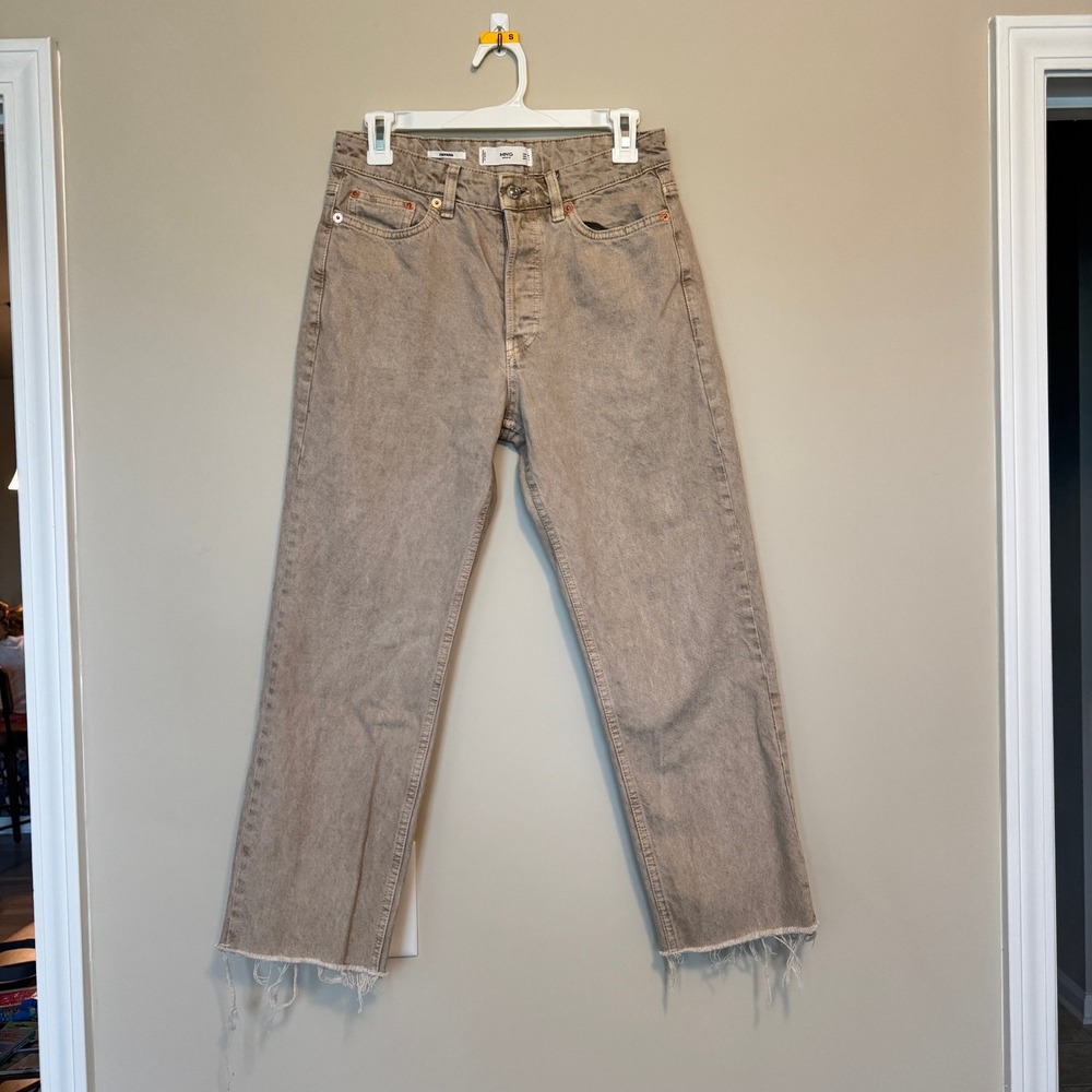 Mango MNG Denim Havana Straight Leg Jeans Tan Raw Hem Button Fly Size 4